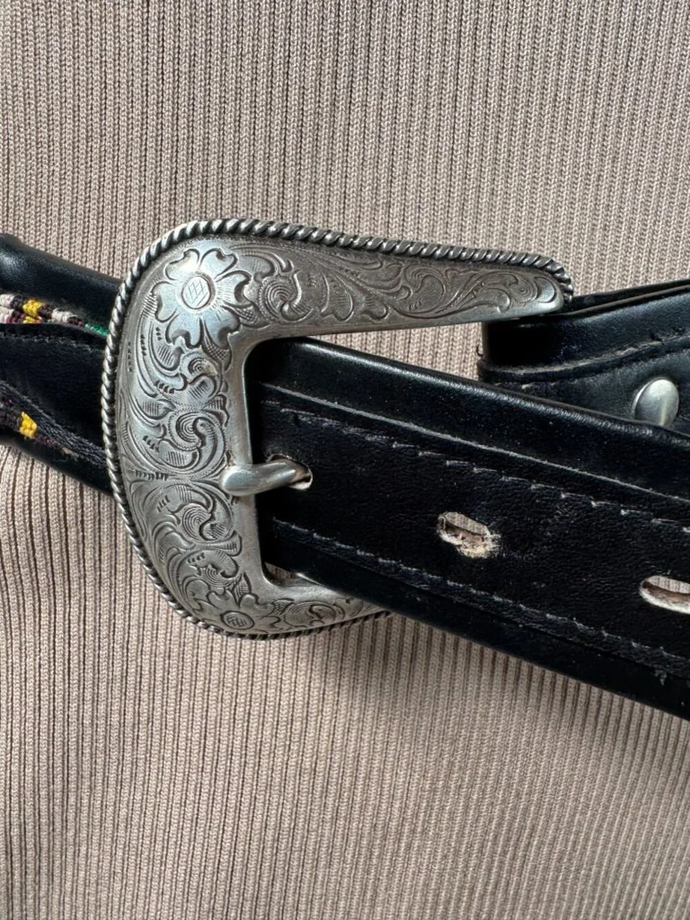 Handcrafted Leather Belt With Colorful Woven Inlay & Silver Buckle - Size 32
